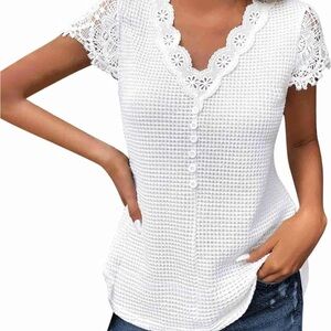 White Waffle Short Sleeve V Neck With Lace Trim Tee